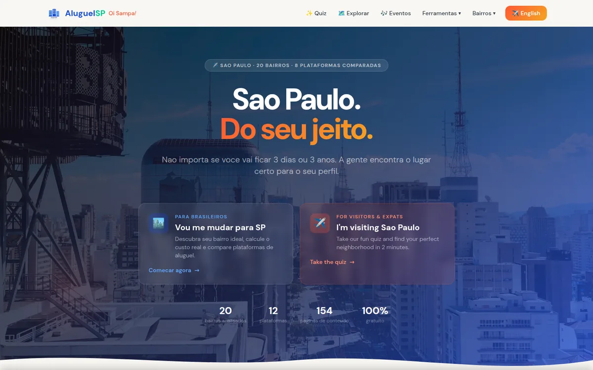 Home do AluguelSP com guia de bairros e ferramentas interativas